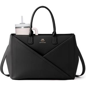 LOVEVOOK Laptop Tote Bag for Women with Large Cup Holder, 15.6 Inch PU Leather Work Bag Teacher Tote Bag, Waterproof Computer Bags Business Office Briefcase Handbag (Black)