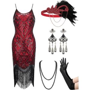 YESSA Women's Flapper Dresses 1920s,Great Gatsby Dresses Sequin Fringe Cocktail Dress Roaring 20s Dress for Harlem Nights (Red) S