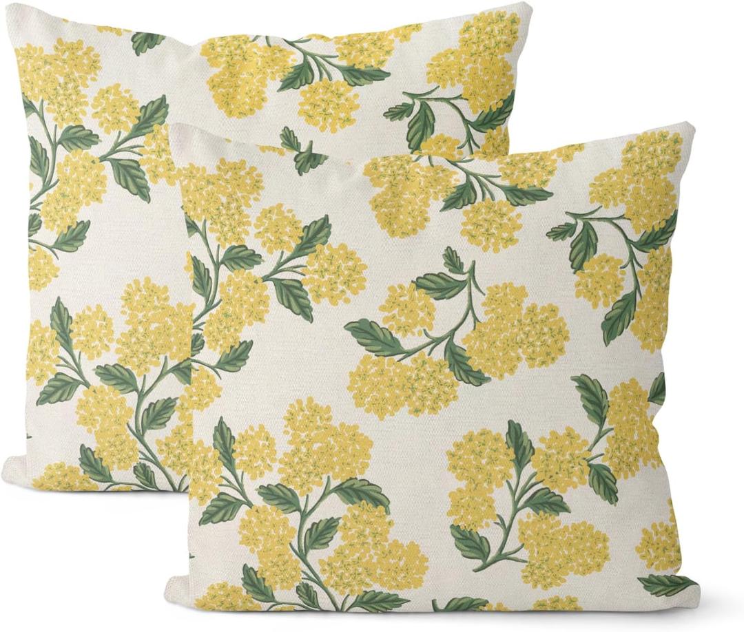 Mustard Yellow Outdoor Pillow Covers 22x22 Inch 2 Pcs Green Hydrangea Flower Decor Throw Pillows Spring Summer Seasonal Vintage Floral Decoration Pillowcase Linen Cushion Cover for Couch Sofa