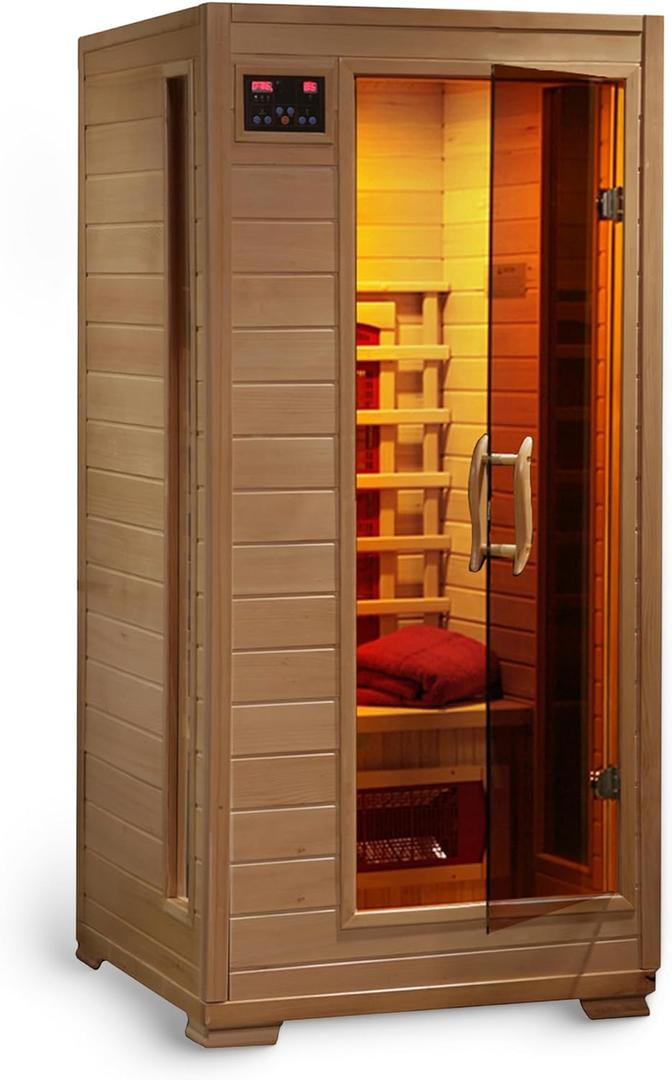 HEATWAVE Buena Vista 1-2 Person Hemlock Low EMF Infrared Wood Sauna for Home & Indoor Relaxation  With 3 Ceramic Heaters, Chromotherapy Lighting, Tempered Glass Door, Built-In Stereo Sound System