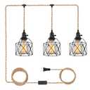 3-Light Hanging Light with Plug in Cord,Plug in Pendant Light Hemp Rope Pendant Lighting Vintage 3-Light Hanging Lamp Fixtures for Kitchen Island Living Room Bedroom