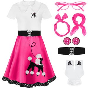 8 Pcs 50s Poodle Skirt Costume Girls Kids Sock Hop Outfit 1950s Costume Accessories Birthday Halloween Cosplay (4-6 Years, Hot Pink)