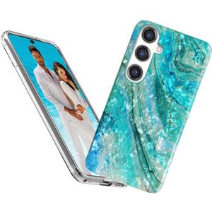 for Samsung Galaxy S25 Plus Case for Girl Women Men, Glitter Mother of Pearl Luster Shiny Sparkle Bling Slim Soft TPU Protective Back Phone Case Cover for S25+,Blue Sea Ocean Summer Beach