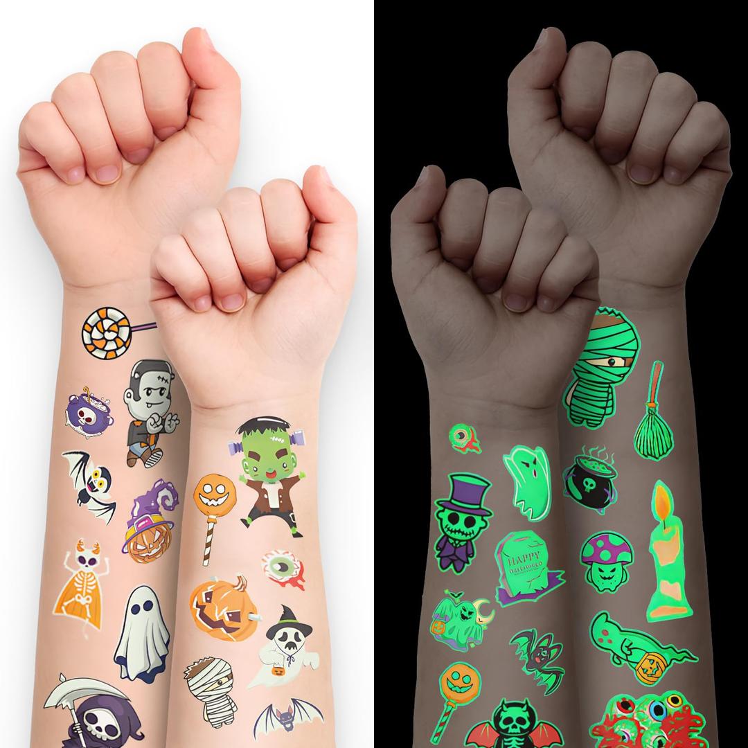 5 x X-Protector Halloween Tattoos for Kids - Giant Pack of Temporary Tattoos - Fake Halloween Tattoos Gifts - Glow in the Dark Spooky Party Favors - Bulk Halloween Goody Bag Fillers!