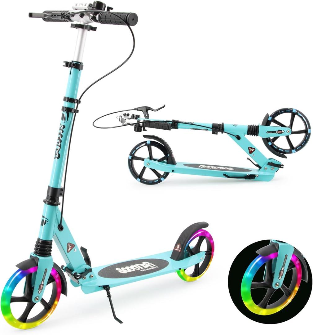 Scooter for Kids Ages 8+ Teens & Adults, Lightweight Kick Scooter with Carry Strap Adjustable Height Equipped with Front handbrake and Rear Brake, Big Sturdy PU Flash Wheels Great Gift & Toy (blue)