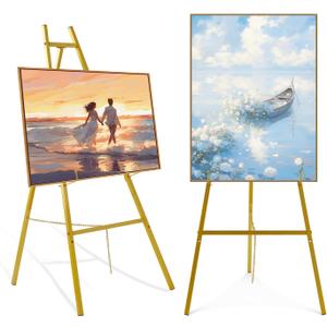 57" Gold Easel Stand for Sign, Heavy Duty Metal Floor Easel, 4-Tier Adjustable Display Easel for Wedding Signs, Welcome Signs, Posters, Pictures, Mirrors & Event Decor
