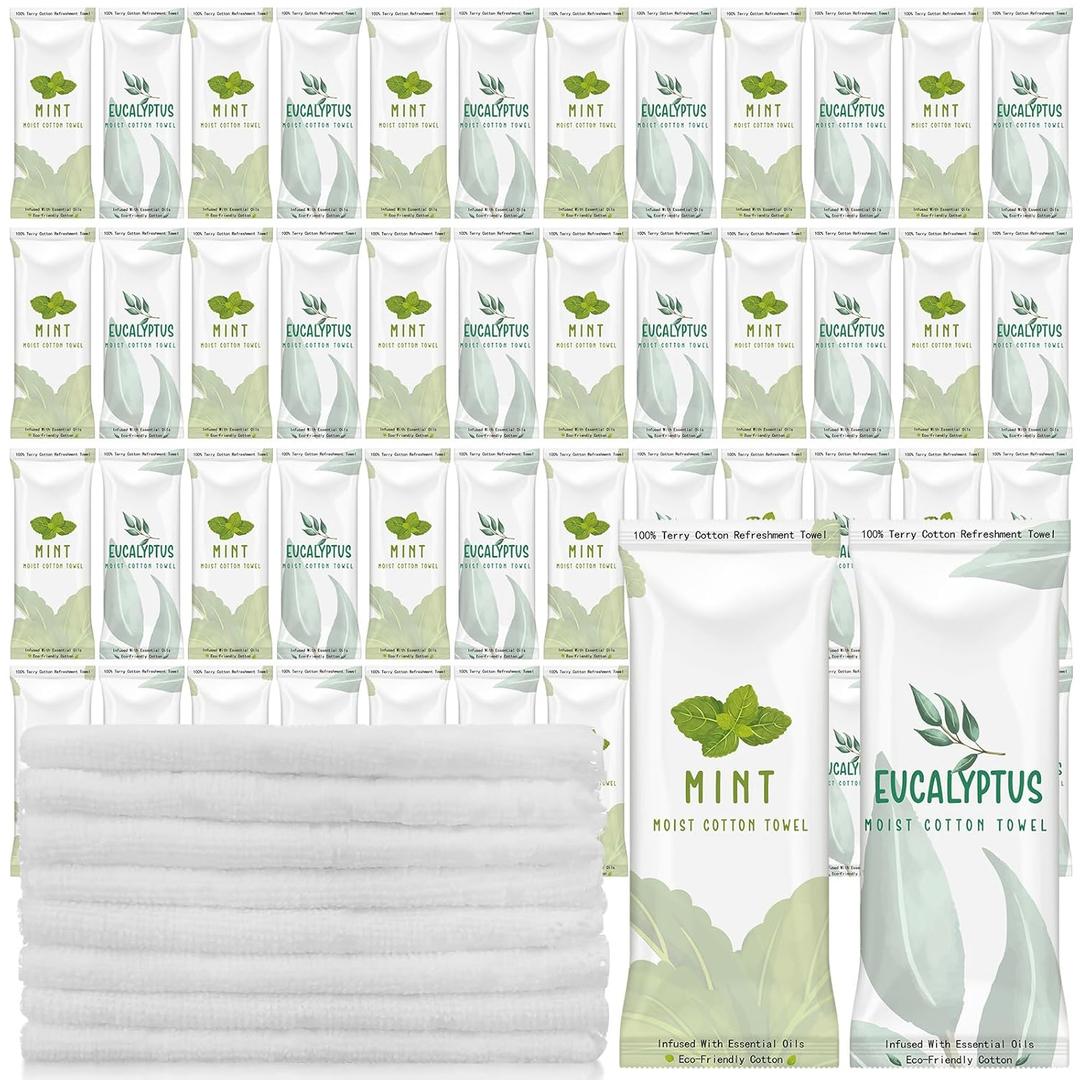 Timgle 50 Pcs Moist Towelettes Individually Wrapped Scented Disposable Face Towels Essential Oil Infused Moist Terry Cotton Towel for Use Hot or Cold Travel Body Spa(Mint, Eucalyptus Leaves)