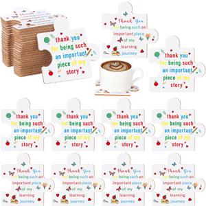 24 Pcs Teacher Appreciation Gifts from Student Block Puzzle Teacher Coasters 3.94" x 3.94" Cute Waterproof Drink Coaster Thank You Gifts for Graduation End of Year Women Men Novelty Daycare