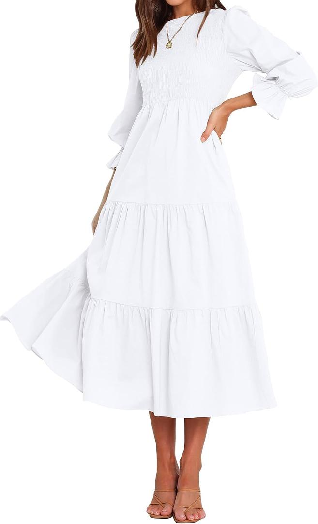 BTFBM Women Casual Long Sleeve Crew Neck Fall Dress Bohemian Relaxed Fit Floral Flowy Maxi Dresses Tiered Cocktail Dress (White, S)