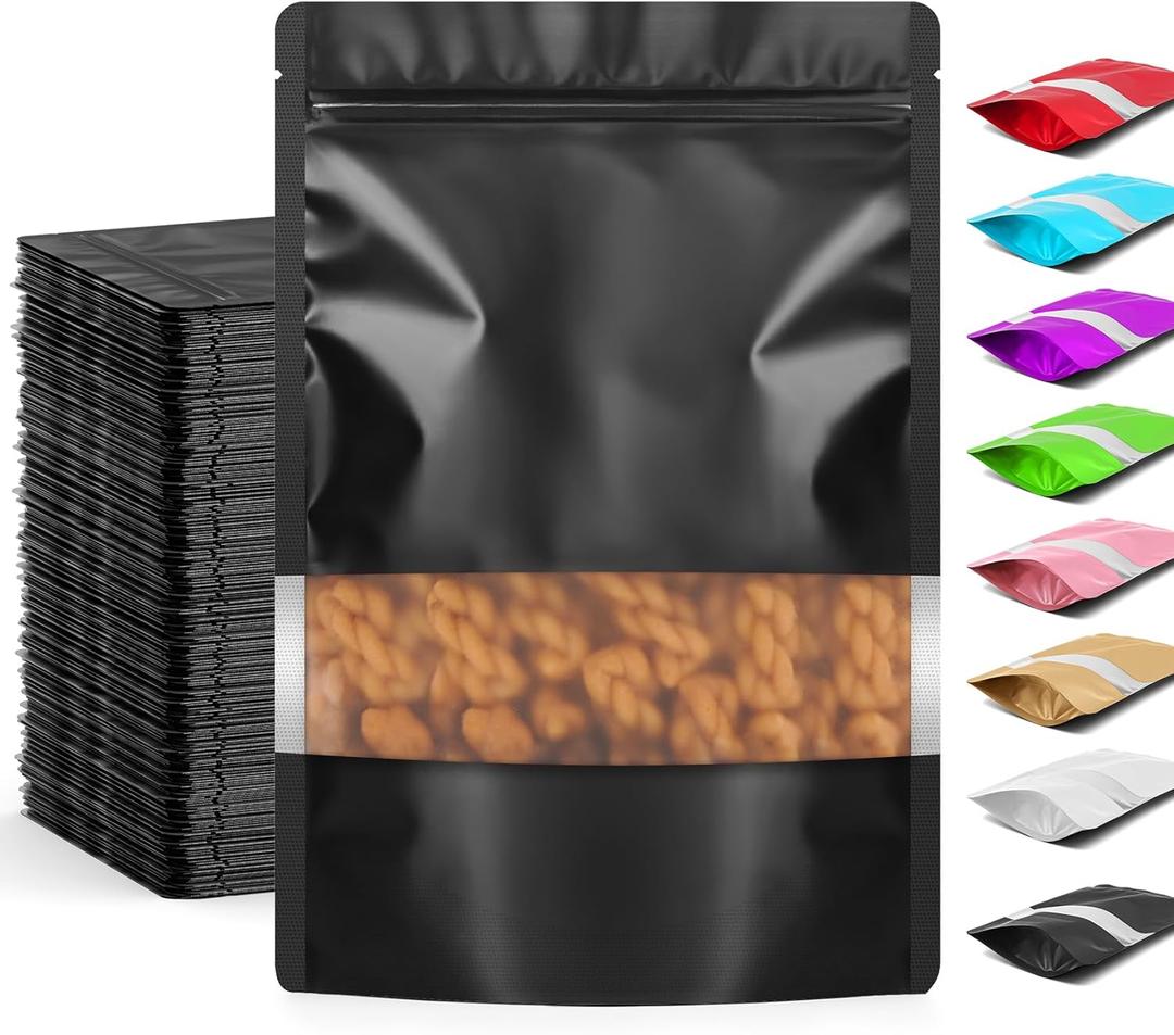 Funfery 100 Pcs Black 4x6 Smell Proof Packaging Bags,Mylar Clear Bags for Food Storage,Sealable Bag for Packaging,Stand Up Pouches with Window,ReSealable Bag for Small Business,Cookies,Candy