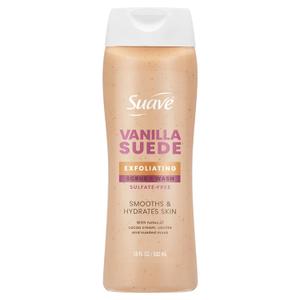 Suave Vanilla Suede Exfoliating Body Wash & Scrub with Glycerin & Vitamin E, Sulfate-Free Hydrating Cleanser for Soft, Smooth Skin, 18 FL OZ