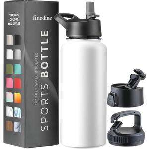 FineDine Triple Walled, Insulated Water Bottles with Straw - 32 Oz Stainless Steel Metal Bottle W/ 3 Leak Proof Lids - For Travel, School, Sports, Gym/Men, Women & Kids - Pure Pearly White