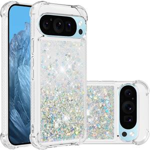 Phone Case for Google Pixel 10 Case Glitter Bling Liquid Cute Clear Floating Quicksand Shockproof Protective Bumper Soft TPU Cover for Google Pixel 10 / Pixel 10 Pro Love Sliver YB