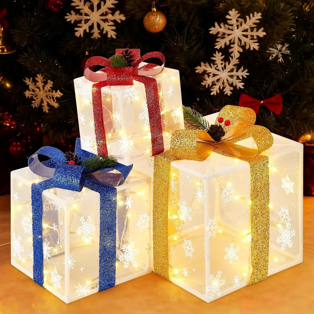 Christmas Decorations Lighted Gift Boxes Set of 3, White Mesh Snowflake Box Decor with LED Lights, Battery Operated Present Boxes Christmas Ornaments for Xmas Party Indoor Outdoor Decor