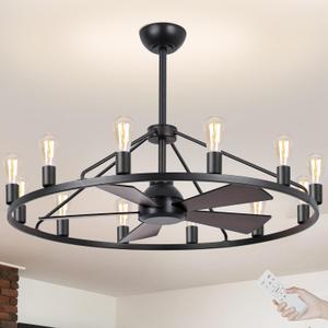 44'' Ceiling Fan with Light, Black Wagon Wheel Chandelier, Large Farmhouse Fandelier Light Fixture, Chandelier for Living Room, Dining Room, Adjustable High Ceilings