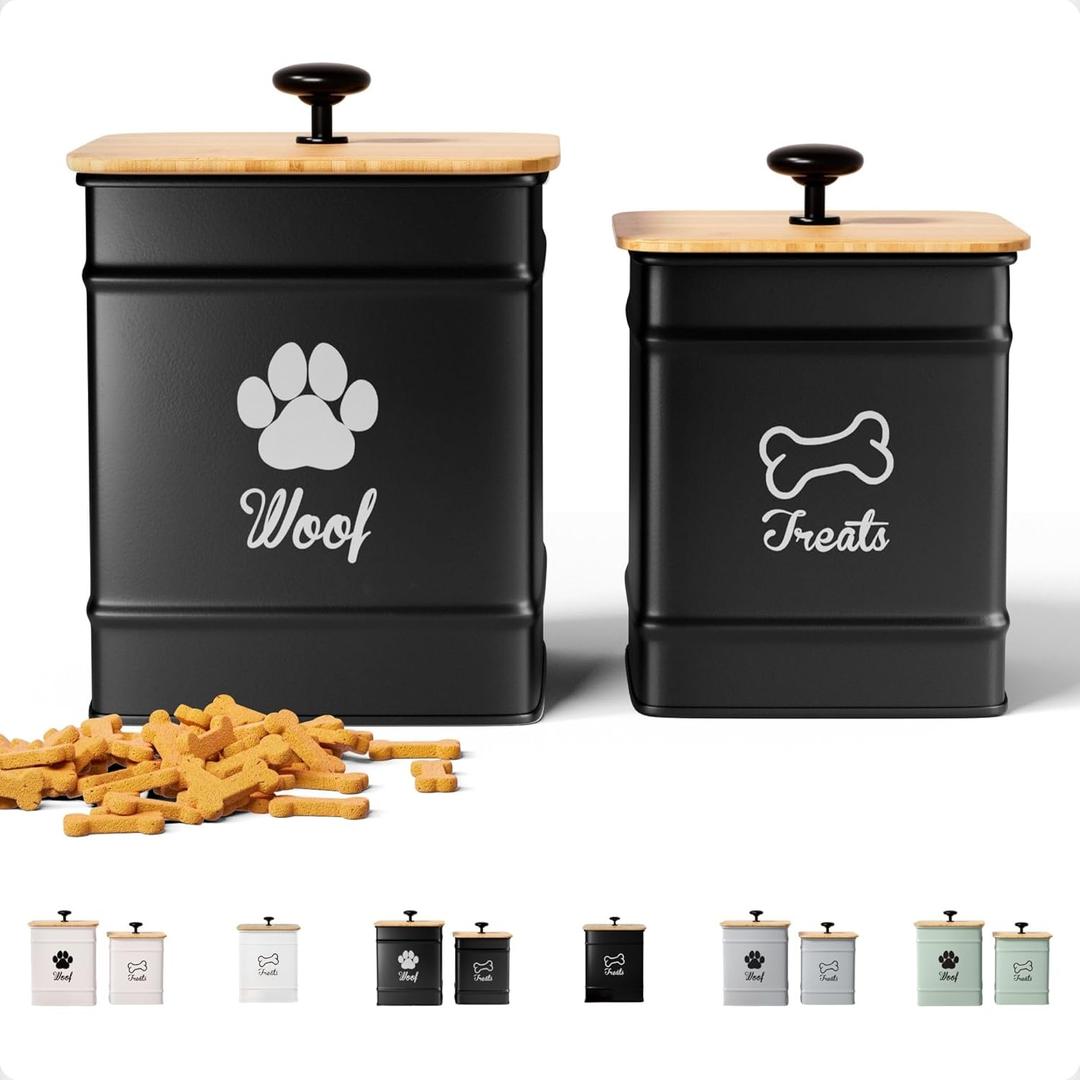Dog Treat Container Airtight Set of 2 - 8x6 & 7x5 inch Iron Dog Treat Jars for Kitchen Counter with Airtight Bamboo Lids - 20 Cup Capacity Pet Treat Container Set - Doggie Cookie Jar - Treats Canister