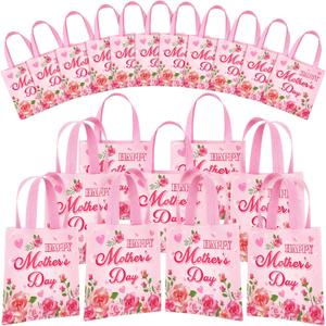 HunnmingRe 100 Pcs Mother's Day Gift Bags Bulk Floral Non Woven Treat Goodie Bags with Handles Reusable Love Mom Party Favors Gift Wrapping for Happy Mother's Day Birthday Party Supplies(Pink Rose)