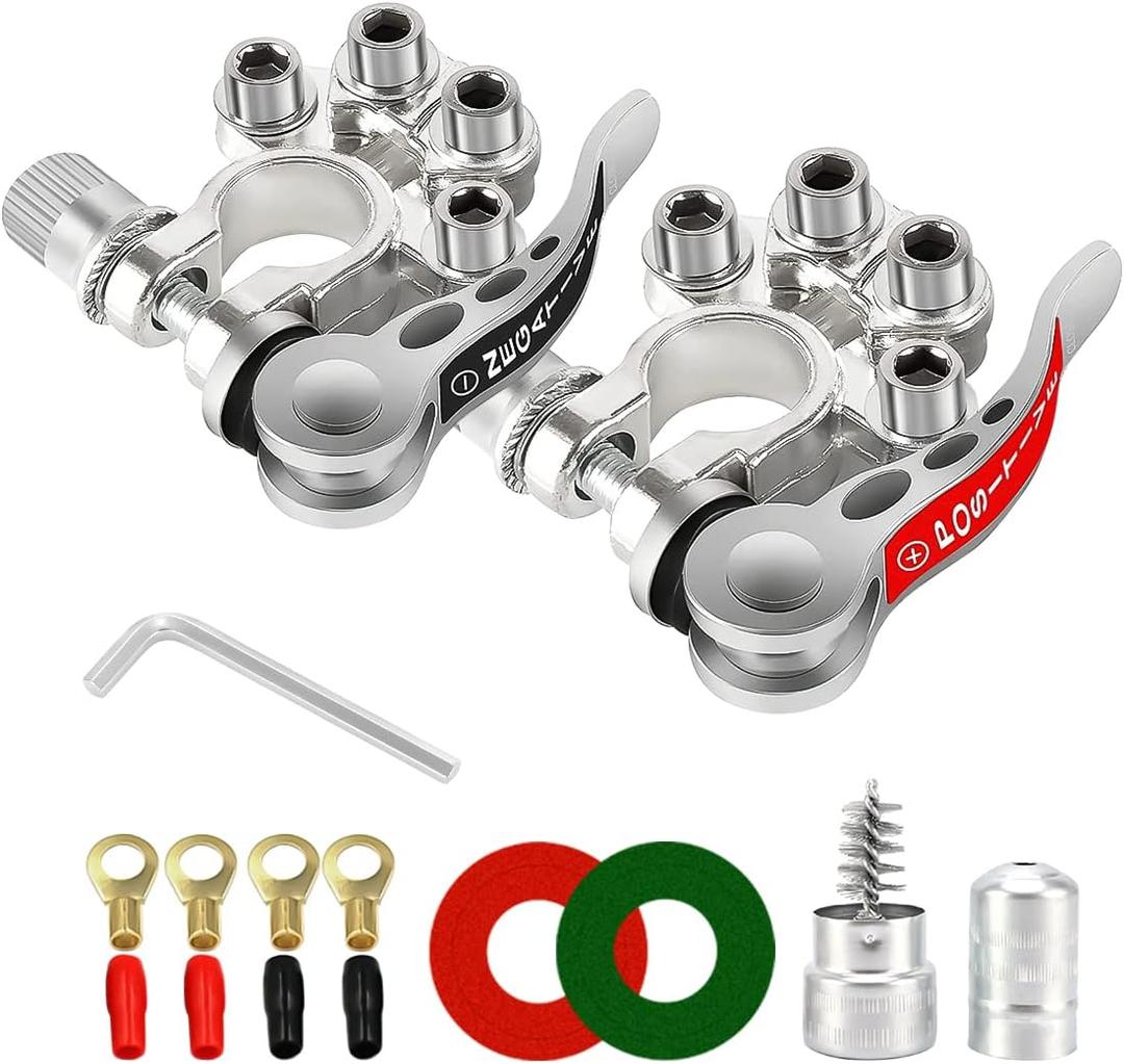 Car Battery Terminal Connectors, 2Pcs 4 Way Quick Release Disconnect Battery Terminals, Positive Negative Battery Cable Ends for SAE/JIS Type A Posts, Universal for Cars, Vans, Trucks (Silver-2)