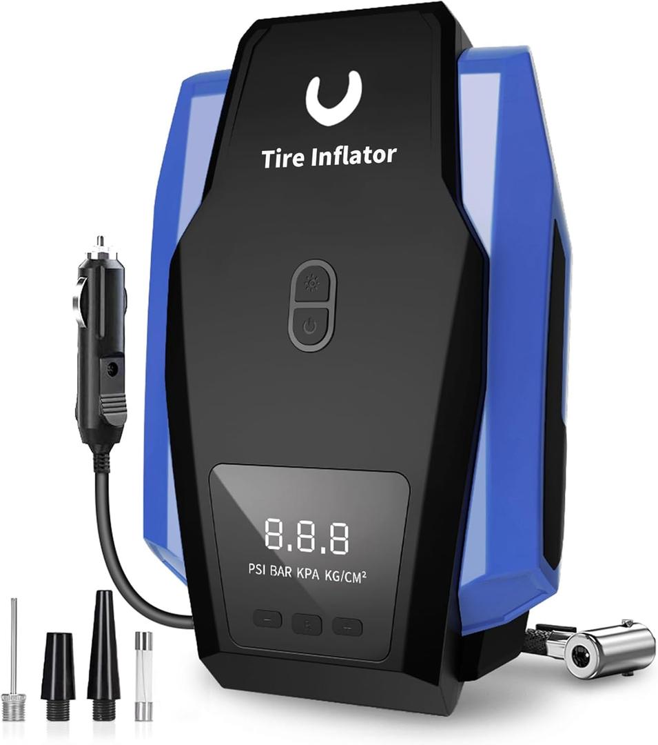 Tire Inflator Portable Air Compressor - Air Pump for Car Tires - 12V DC Tire Pump with Auto Shutoff Function & LED Light for Cars, Bicycles, Motorcycles, Blue, Large