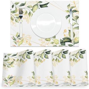 AOFOTO Leaves Placemats Set of 4 Artistic Green Gold Leaves Printed Place Mats Washable Rectangular Modern Table Mats for Party Home Kitchen Restaurant Dining Table Decor 12x18 Inch