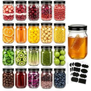QAPPDA Mason Jars,Glass Jars With Lids 12 oz,Canning Jars For Pickles And Kitchen Storage,Wide Mouth Spice Jars With Black Lids For Honey,Caviar,Herb,Jelly,Jams,Set of 20