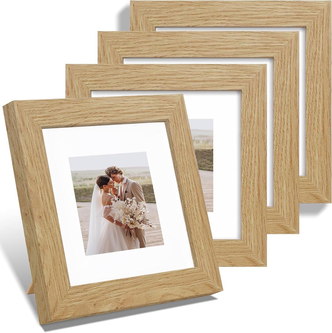 6x6 Picture Frame Set of 4, Made of Glass and Natural Oak Wooden Frame - Display Picture 4x4 with Mat or 6 x 6 Without Mat, 6x6 Photo for Wall or Tabletop