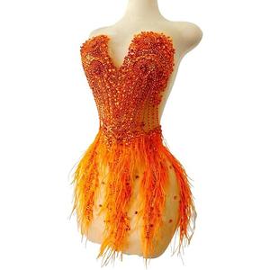 Zbroh Beautiful Ostrich fur decoration large full bodice applique pure handsewing rhinestones beads lace trim patches (Red)