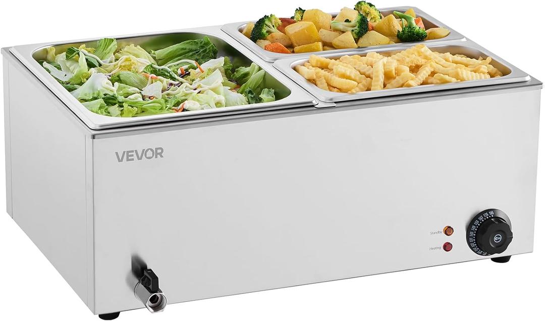 VEVOR 3-Pan Commercial Food Warmer, 24QT Electric Steam Table, 1200W Professional Countertop Stainless Steel Buffet Bain Marie with 86-185F Temp Control for Catering and Restaurants, Silver