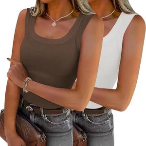 Zeagoo Womens Summer Tops Square Neck Ribbed Tank Tops Slim Fitted Racerback Sleeveless Shirts Basic Casual 2 Pack XL