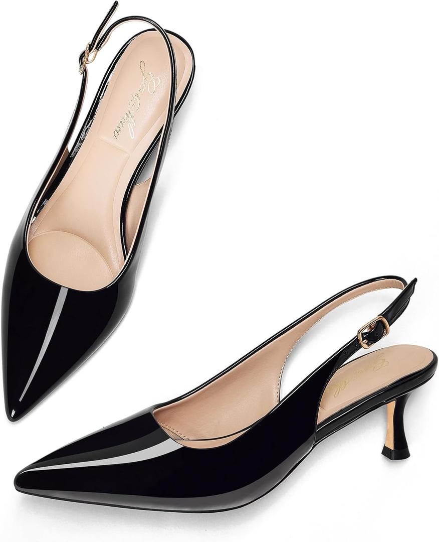 GENSHUO Kitten Heel Slingback Closed Pointed Toe Low Heels Pumps Women 2 Inch Short Strap Dressy Comfortable Wedding Dating Work Shoes Black Patent Size 9