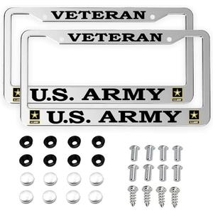 2 PCS for US Army Retired License Plate Frames,Matte Black Aluminum Veteran License Plate Holder License Plate