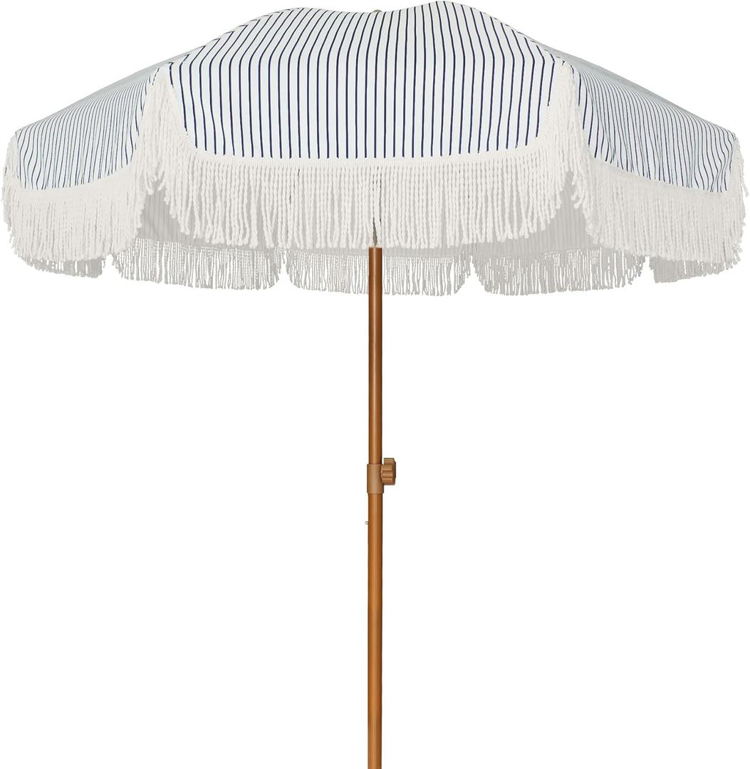 AMMSUN 7ft Patio Umbrella with Fringe Outdoor Tassel Umbrella UPF50+ Premium Steel Pole and Ribs Push Button Tilt, Navy Blue Stripes