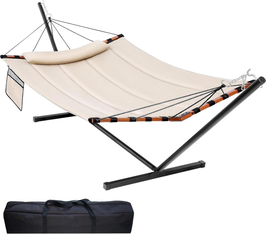 TegerDeger 12FT 2 Person Hammock with Stand Included 55 x 79IN Large Hammock 450LB Capacity with Hardwood Spreader Bar & Nylon Rope for Outside, Patio, Garden, Backyard, Beach, Poolside - Beige