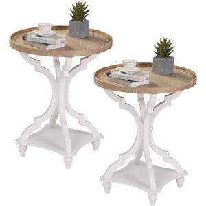 Wnutrees Farmhouse Round Accent End Table, Rustic Side Table Nightstands for Living Room, Wood Tray Top, Handcrafted Finish, Set of 2, White
