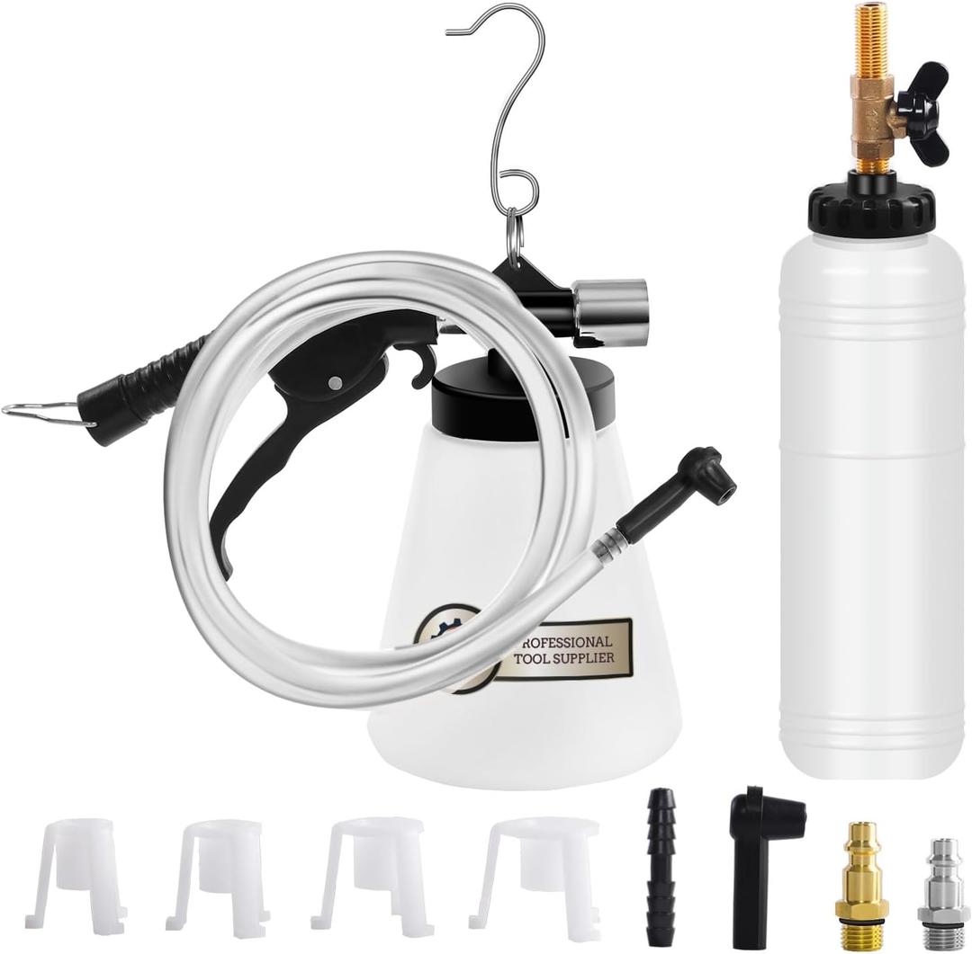 JIFETOR Pneumatic Vacuum Brake and Clutch Fluid Bleeder Tool Kit, Car Truck Motorcycle Brake Oil Change Set with Extractor and Refill Bottle, 4 Master Cylinder Adapters, 2 Air Quick Plugs