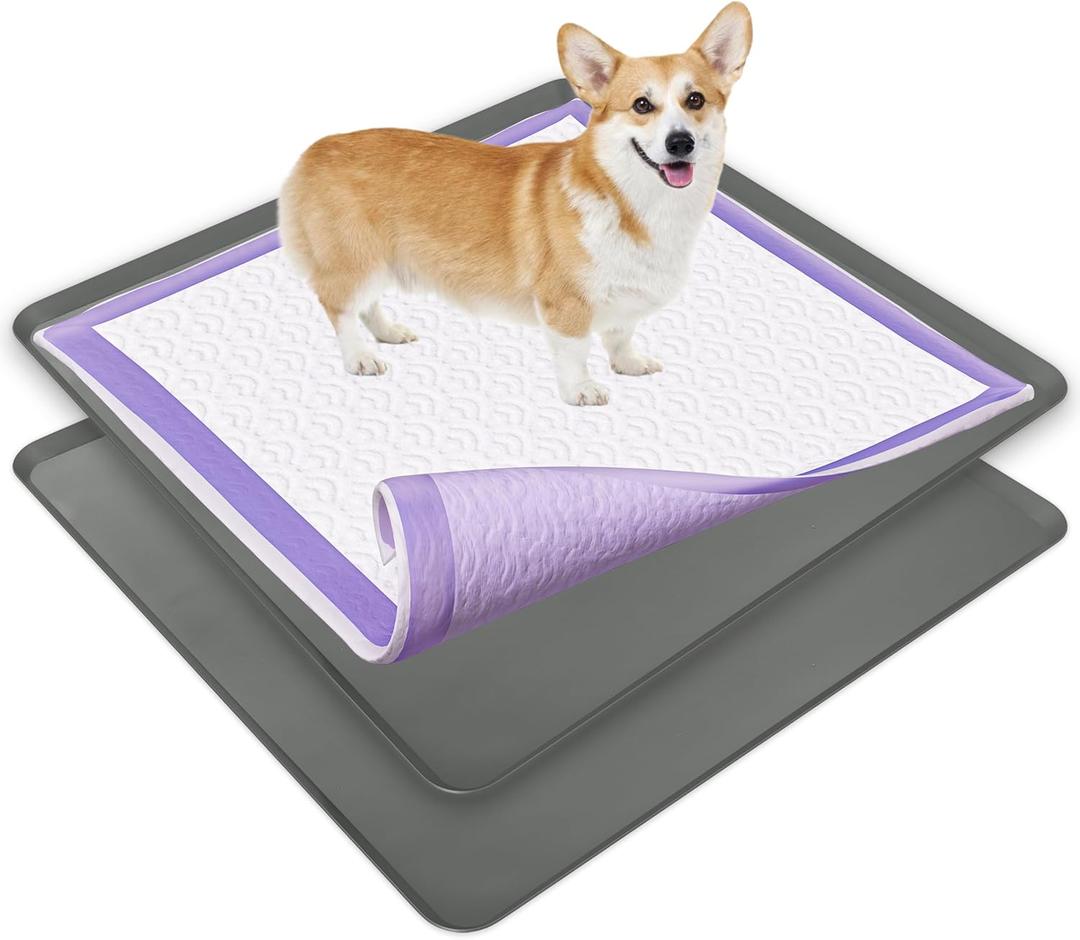 TidyFriend 2 Pack Dog Pee Pad Holder Tray Fits for 36 x 36 Wee Wee Pee Pads - Stable Grip, Raised Edges, Quick-Wipe Silicone Surface Dog Potty Tray Holder for Indoor Flooring Protection (Grey) (Gray)