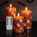 Burnt Orange Halloween Flameless Pillar Candles with Remote, Ghost LED Wax Candles Battery Operated Set of 3