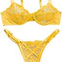 Lilosy Sexy Underwire Cute Push Up Strappy Embroidered Mesh Sheer Lingerie Set See Through Panty Bra (Small, Bow Yellow)