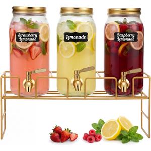 3 Pack 80 oz Glass Beverage Dispenser with Stand Clear Mason Jar Water Dispenser for Party, Fridge Includes Leakproof Stainless Steel Spigot, Black Lid and Label (Gold)