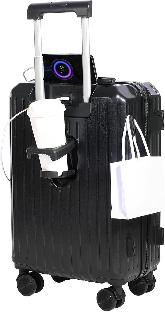 Carry-on Luggage with Cup Holder & USB Charging Port, Hard Side Luggage with Spinner Wheels, Lightweight Luggage for Travel, Business (Black, Carry-On 20-Inch)