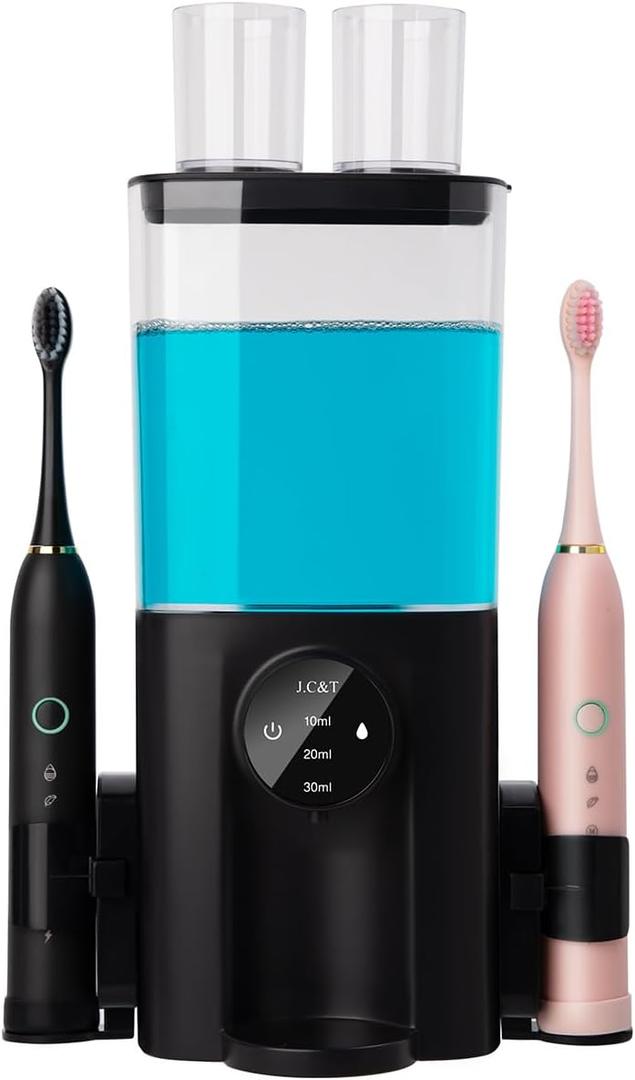 J.C&T Mouthwash Dispenser for Bathroom, 650ML(22 Fl Oz) Smart Mouthwash Dispensers Toothbrush Holders Wall Mounted,Wall Mounted/Countertop Automatic Mouthwash Dispenser for All Age Groups,Black