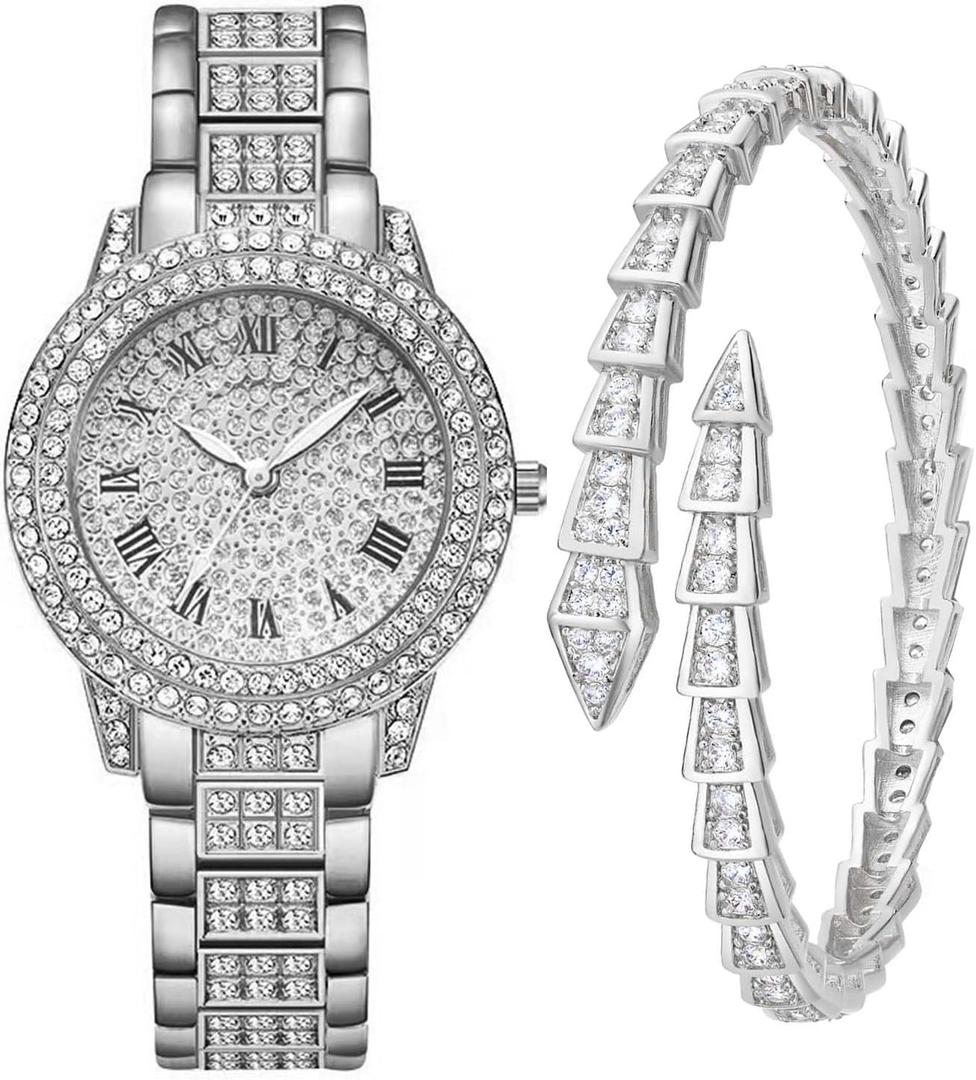 Watch for Women Interior Full Diamond Bling Rhinestone Iced Out Quartz Crystal Stainless Steel Ladies Wrist Watch (Aa. Silver)