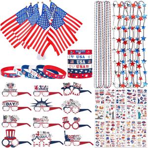 4th of July Decorations Party Favors 240Pcs Presidents Patriotic Independence Memorial Day Accessories Supplies Necklace Glasses Bracelet Flag Temporary Tattoos for Kids Adults