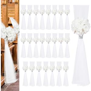 24 Set Large Wedding Hydrangea/Gardenia Flowers with Long Tulle Tails, 31.5inch Church Chair Aisle Wedding Pew Decoration for Bridal Shower Reception Birthday Anniversary (Hydrangea)