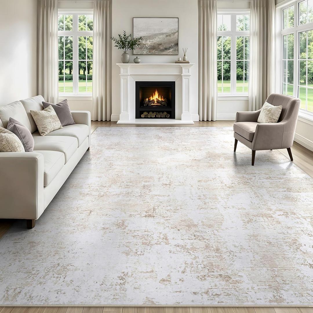 9x12 Area Rugs for Living Room Beige Rug Washable Bedroom Abstract Carpet