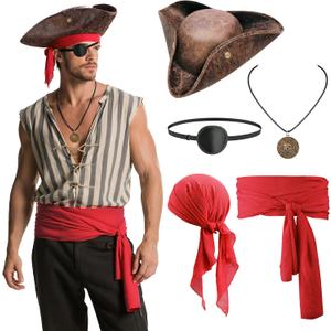 5PCS Pirate Costume Accessories Set for Men Halloween Pirate Hat Tricorn Hat, Bandana, Sash, Eye Patch, Necklace (Red)