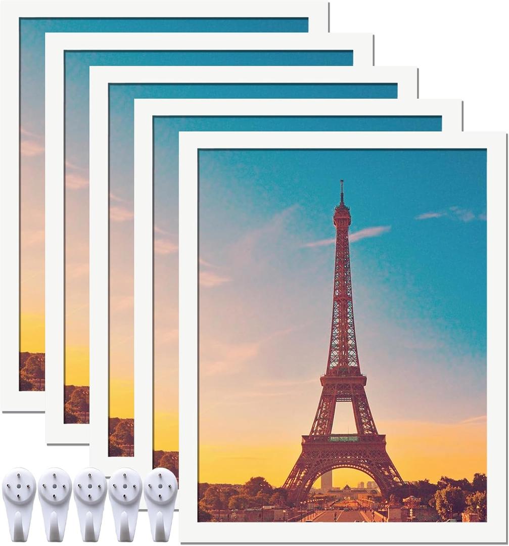 11x14 Picture Frame Set of 5, White Photo Frames High Transparent Wall Gallery Desktop Horizontal Vertical for Canvas Collage Photo Poster Certificate 11 x 14 inches