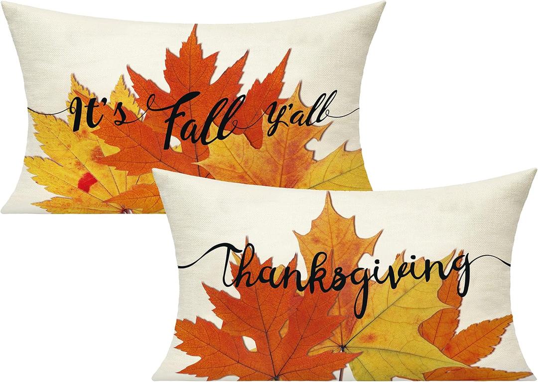 All Smiles Thanksgiving 12x20 Lumbar Throw Pillow Covers Set of 4 Fall Cushions Cases Decorations Outdoor Autumn Maple Leaves Orange Decorative Kitchen Home Decor Cushion for Sofa Porch Couch (12" x 20" (Pack of 4), Fall Leaf)