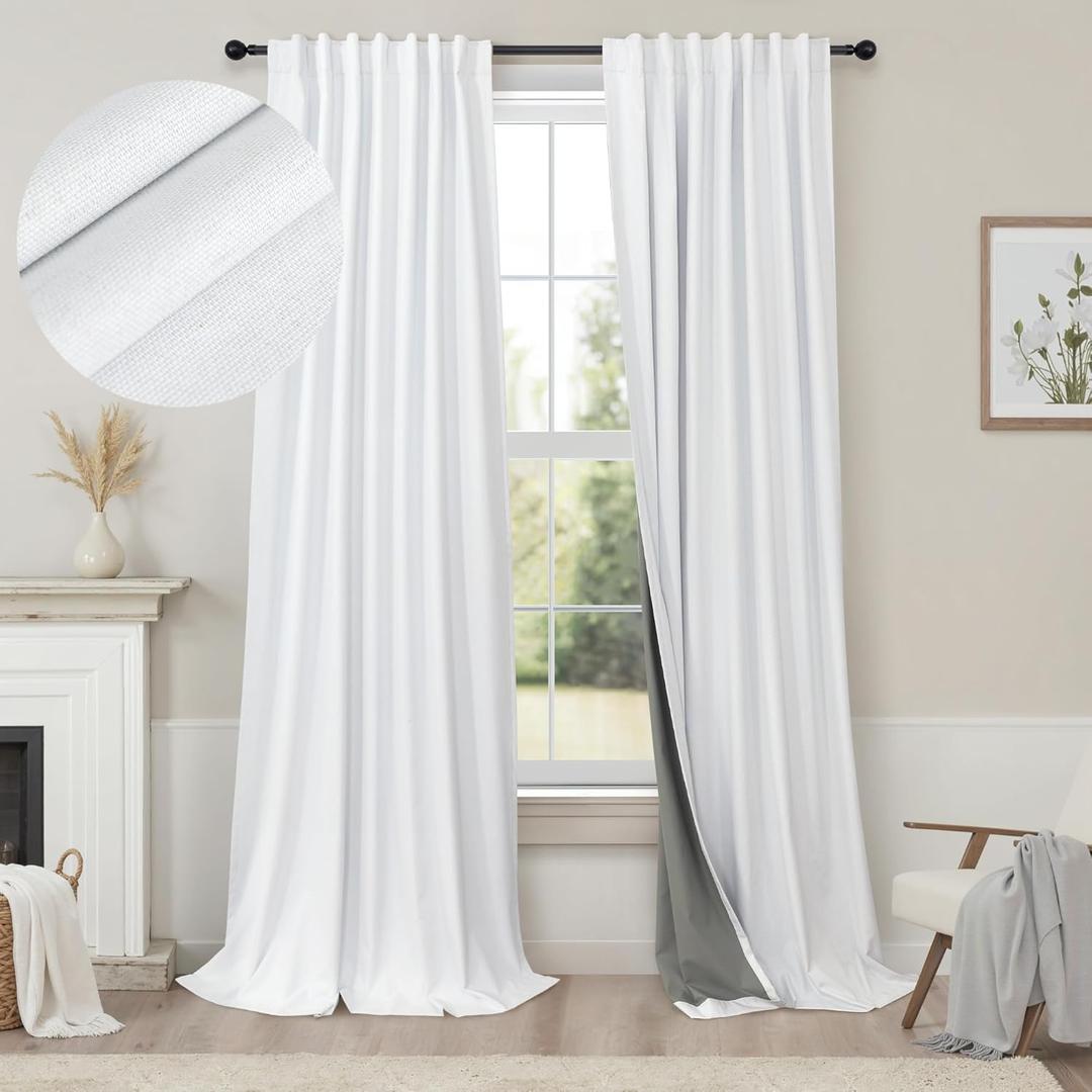 White Blackout Curtains 96 Inches Long 2 Panel Burg for Bedroom Thermal Insulated Total Black Out Boho Extra Wide Window Drape for Living Room Thick Linen Textured Soundproof Back Tab 8ft 52x96 Length