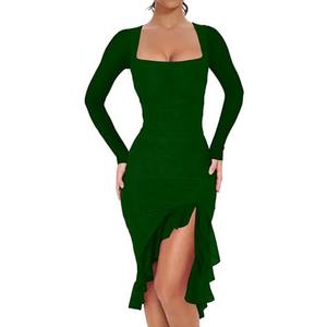 BORIFLORS Women's Sexy Ruched Bodycon Midi Dresses Elegant Mesh Long Sleeve Square Neck Ruffle Hem Cocktail Party Dress XS